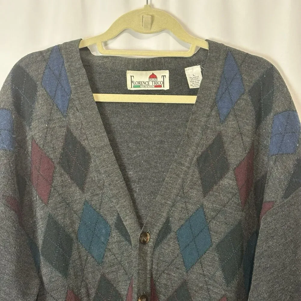 Vtg 90s Cardigan Sweater Florence Tricot Italian Wool Argyle‎ Grandpa Academia